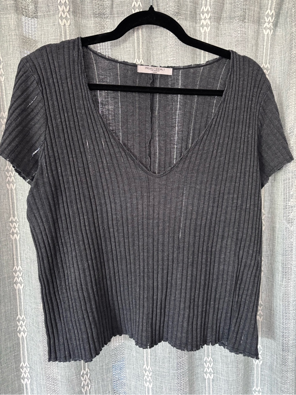 Project Social T Charcoal Ribbed V-Neck Short Sleeve Top